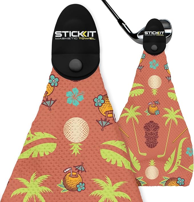 STICKIT Magnetic Golf Towel - Ultra-Absorbent with Waffle Weave Microfiber - Golf Towel with Magnet for Bags, Clubs & Carts - Removes Dirt, Grass, & Debris from Club Face - 29” x 29” (Salmon Pink)