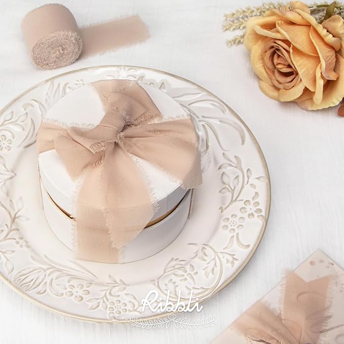 Ribbli Beige Chiffon Ribbon 1-1/2 inch x 20 Yard Handmade Fringe Silk Ribbon - Image 5