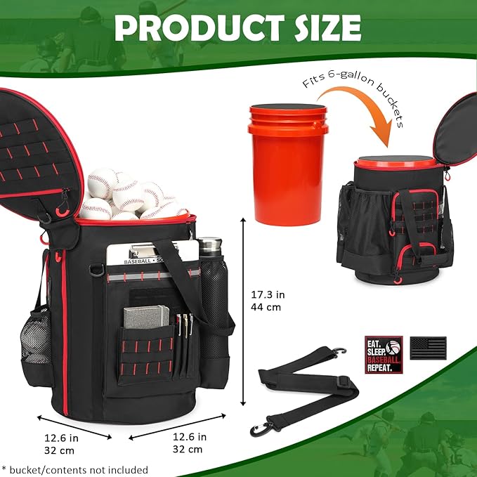 Baseball Bucket Bag Baseball Coaching Accessories Organizer Softball Bucket Bag with Anti-Slip Bottom & Multiple Pockets for Bat, Gloves, Scoreboards