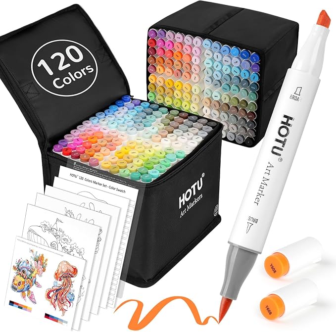 Alcohol Markers Brush Tip-120 Colors Dual Tip Brush & Chisel Art Marker Set by HOTU