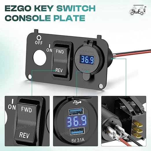 DRIVE UP Golf Cart Key Switch Console Plate, EZGO Forward Reverse Switch Plate Fits EZGO TXT, Medalist, PDS Golf Carts, Equipped with DC 9V-48V 3.1A Fast Charge Dual USB Charger, LED Digital Voltmeter