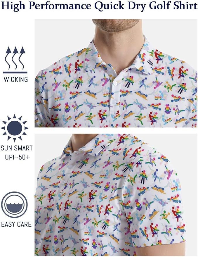 HUURAY Funny Golf Polos for Men Funny Print Short Sleeve Shirts Quick Dry Polo Shirts Hawaiian Shirt Performance Golf Outfits