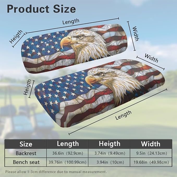 Bulopur Bald Eagle American Flag Golf Cart Seat Covers 2 Pack Fit for EZGO TXT RXV/Club Car DS Precedent Golf Cart Bench Cover and Backrest Cover Set Patriotic Golfcart Accessories