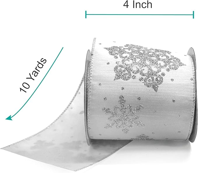 CT CRAFT LLC White Satin with Silver Snowflake Wired Ribbon 4 Inch x 10 Yards - Image 2