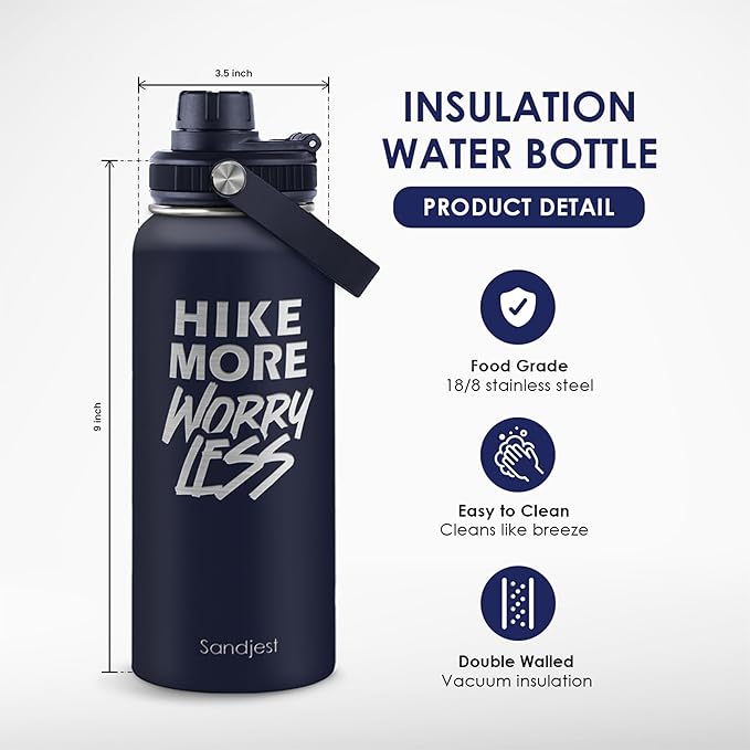 SANDJEST Hiking Insulated Stainless Steel Water Bottle 32oz, Hike More Worry Less, Vacuum Chug Lid Travel Tumbler for Men Friends Dad Brothers Hikers, Gift for Birthday Christmas Fathers Day