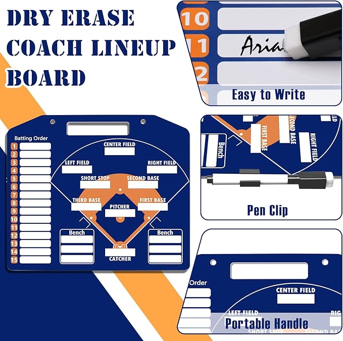 1+44PCS Baseball Coaching Board for Dugout, Dry Erase Lineup Board Softball Clipboard for Coach/ 30 Name Strip/ 10 Number Blocks/ 2 Marker/ 2 Buckle