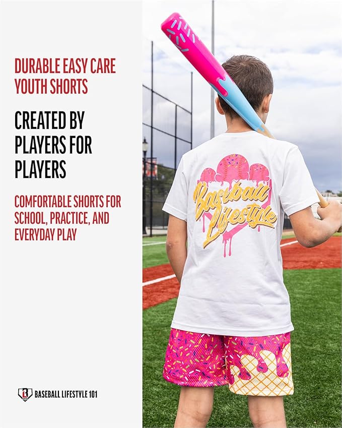 Baseball Lifestyle 101 Boy's Ice Cream Strawberry Mesh Shorts w/Side Pockets Elastic Waist, 5 in Inseam, Youth Sizes S-XL