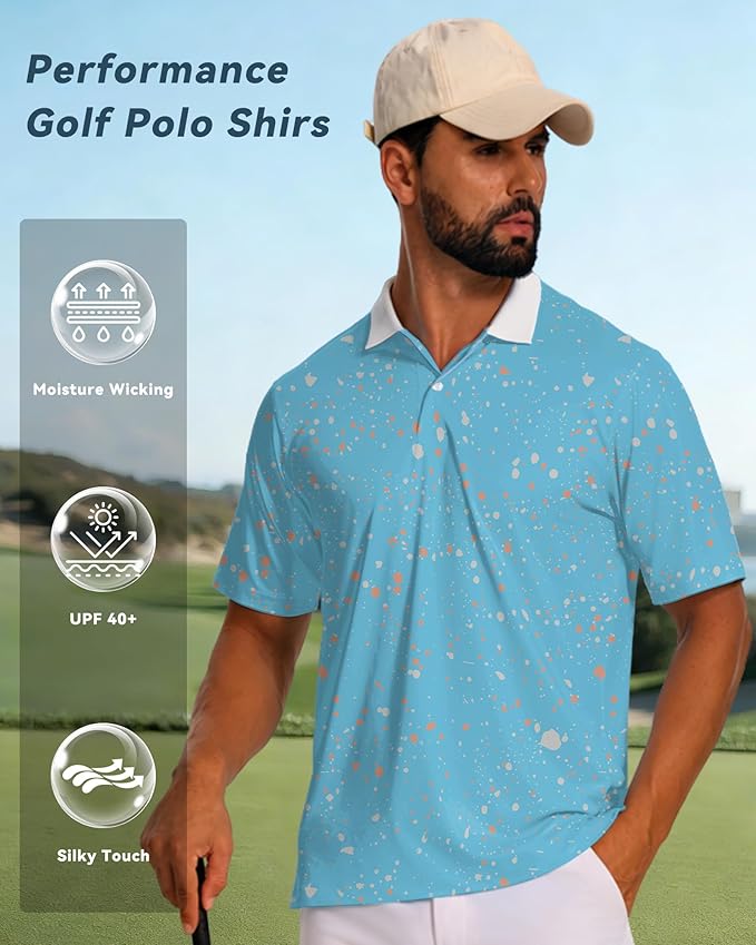 KUYIGO Mens Polo Shirt Quick Dry Moisture Wicking UPF 40+ Performance Printed Short Sleeve Summer Tennis Golf Shirt