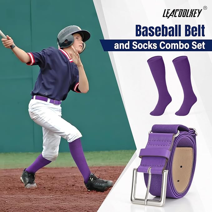 LEACOOLKEY Baseball Belt and Socks Combo Set Adjustable Softball Socks and Elastic Belt for Youth and Adult