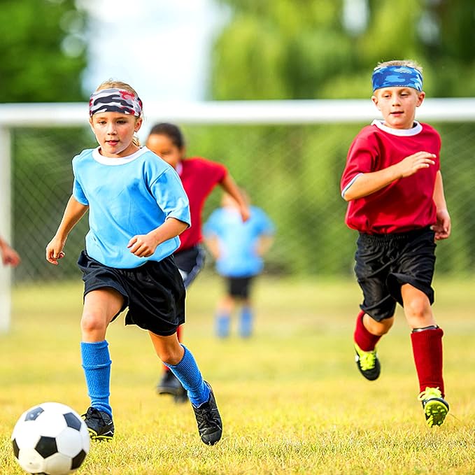 6Pcs Breathable Sports Sweatbands for Kids - Ages 4-10 Boys Girls Sweat Wicking Non Slip Elastic Hairbands, Athletic Headbands Accessories Gifts for Football Soccer Basketball Baseball Dance