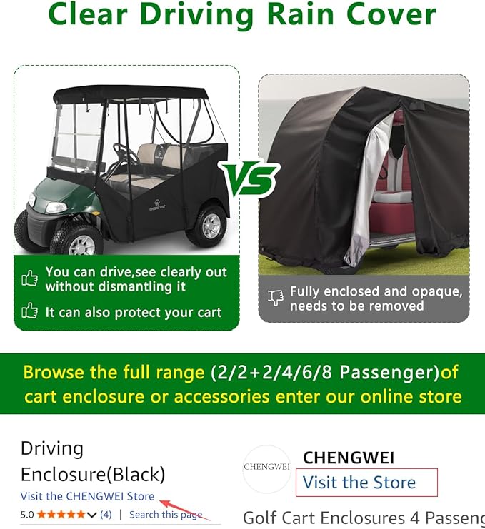 2 Passenger Golf Cart Enclosure for Ezgo TXT RXV, 600D Waterproof Driving Rain Cover with Full Roll-Up Clear Windows & Doors, Heavy Duty Zippers & Side Mirror Openings