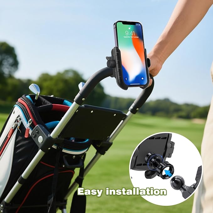 Golf Push Cart Phone Holder, Scooter Phone Mount, Stroller Phone Holder, Bike Phone Mount for All Phone Compatible with CaddyTek, Bag Boy, Clicgear, Sun Mountain, Baby Trend, Gaggle & More