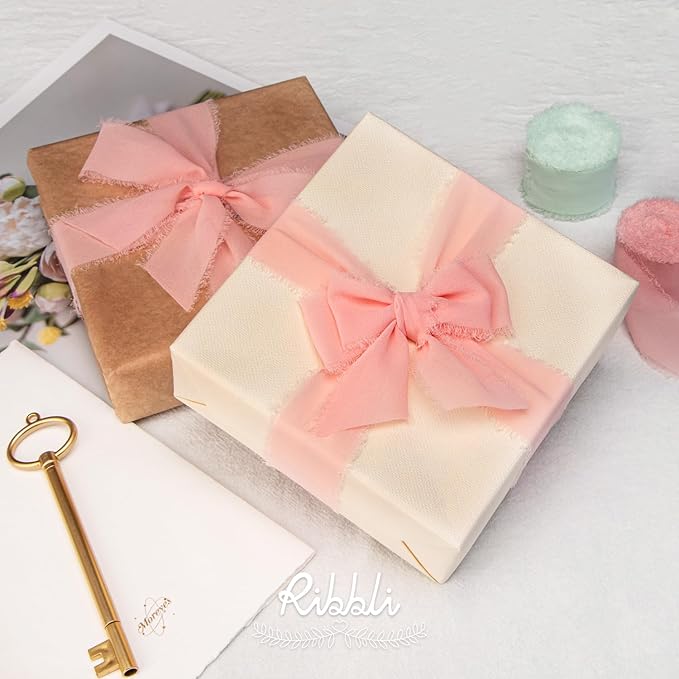 Ribbli Light Pink Chiffon Ribbon 1-1/2 inch x 20 Yard Handmade Fringe Chiffon - Image 3