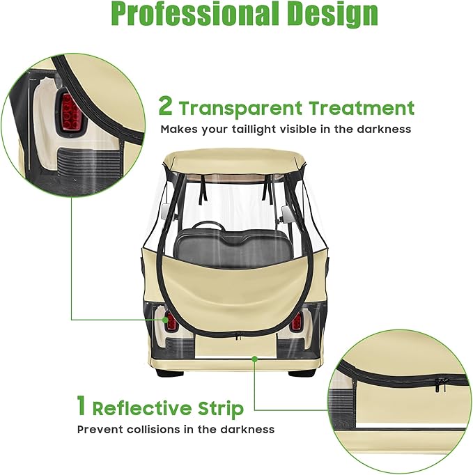 10L0L Golf Cart Driving Enclosure for Club Car DS 2+2 Passenger Short Roof, Waterproof Windproof Heavy Duty 600D Rain Cover with 4-Sided Clear Windows Durable Door Zipper All-Weather Protection Beige