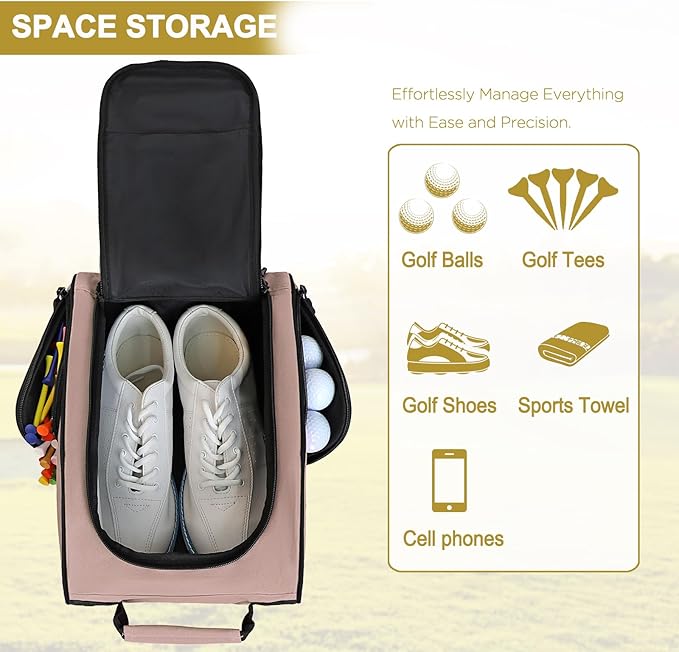 Goloni Golf Shoe Bag for Men Women, Ventilated Golf Shoe Bag with Side Pockets, Lightweight Portable Golf Shoe Carrier for Golf Shoes, Tees, Balls & Accessories,Light Pink