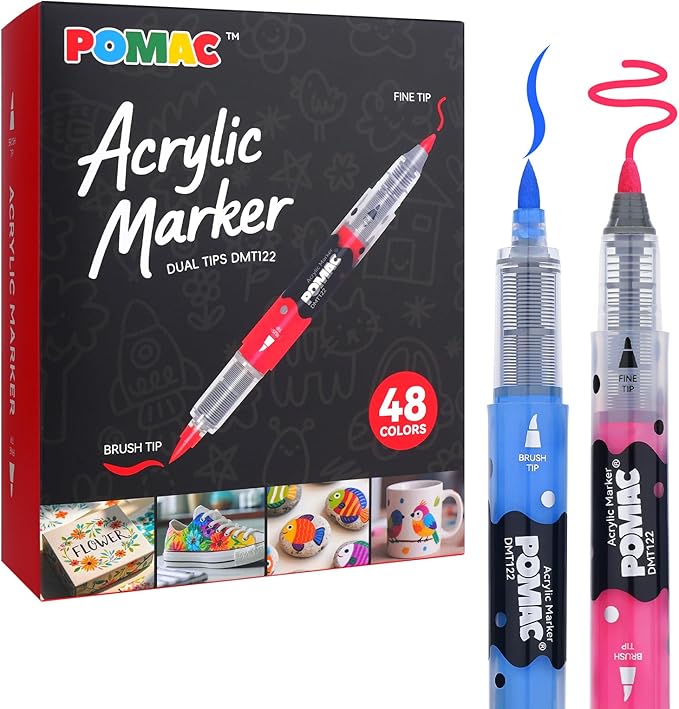 POMAC Dual Tip Acrylic Paint Markers Pens 48 Assorted Colors, Direct Liquid by POMAC