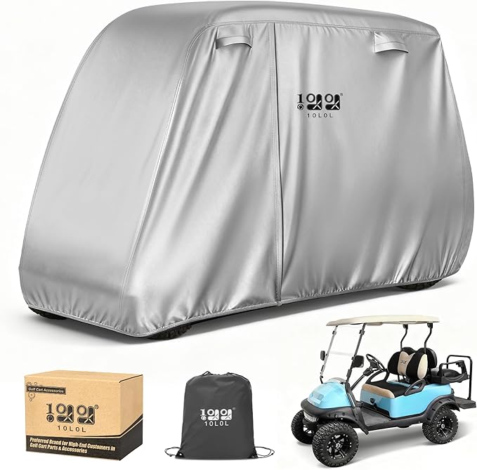 10L0L Golf Cart Cover 2/4/4+2 Passenger for Yamaha EZGO Club Car, Heavy Duty 420D Waterproof Windproof Durable Oxford Golf Cart Cover with 3 Zipper Doors for All-Weather Protection (Black/Silver)