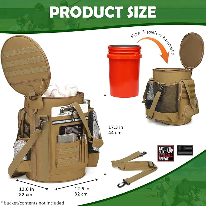 Baseball Bucket Bag Baseball Coaching Accessories Organizer Softball Bucket Bag with Anti-Slip Bottom & Multiple Pockets for Bat, Gloves, Scoreboards
