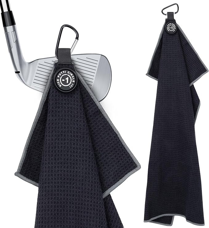 Magnetic Golf Towel 16x24 Ultra Absorbent Waffle Microfiber, Strong Magnet for Cart Clubs, Spot-Clean Design Golf Accessories Gifts for Men(Black+Grey Edge)