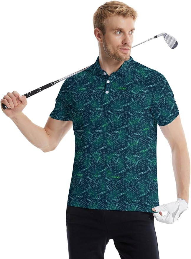 HUURAY Funny Golf Polos for Men Funny Print Short Sleeve Shirts Quick Dry Polo Shirts Hawaiian Shirt Performance Golf Outfits