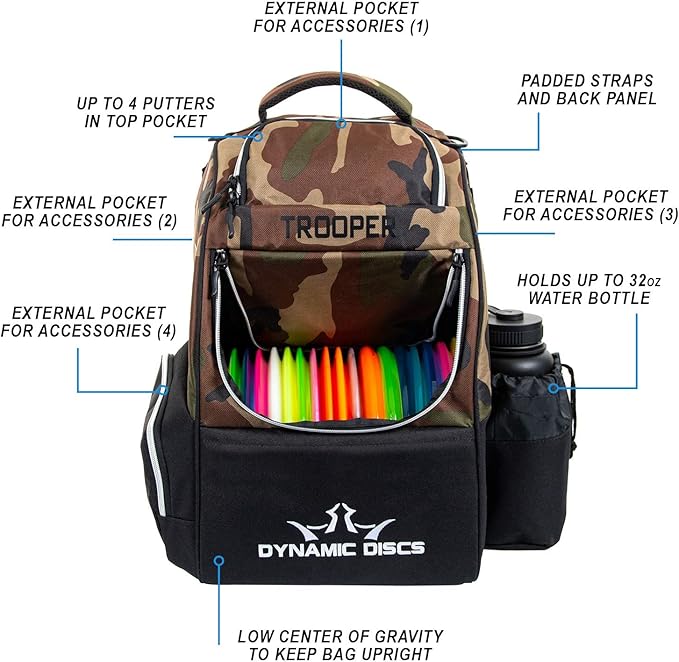 Dynamic Discs Trooper Disc Golf Bag | Large Frisbee Bags with 18+ Discs Capacity | Lightweight & Durable Backpack | Great Gifts or Disc Golf Accessories for Men | Ideal for Beginners & Pro Players