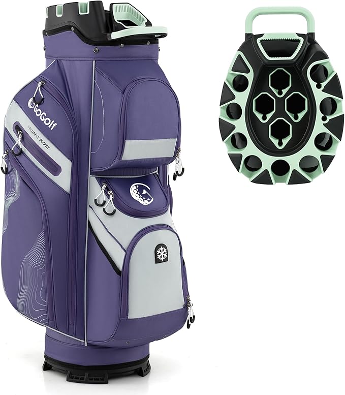 Tangkula Golf Cart Bag with 14-Way Full Length Dividers, 6 Molded Lock Top Golf Club Bag with 11 Pockets, Cooler Bag, Padded Strap, Handles, Umbrella Holder & Rain Hood