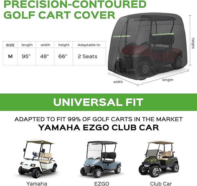 Golf Cart Cover 2/4/4+2 Passenger Heavy Duty Universal Fit for Yamaha EZGO Club Car, 600D Waterproof Windproof Sunproof Golf Cart Seat Covers with Reflective Strips, Zippered Pockets, Zipper Doors