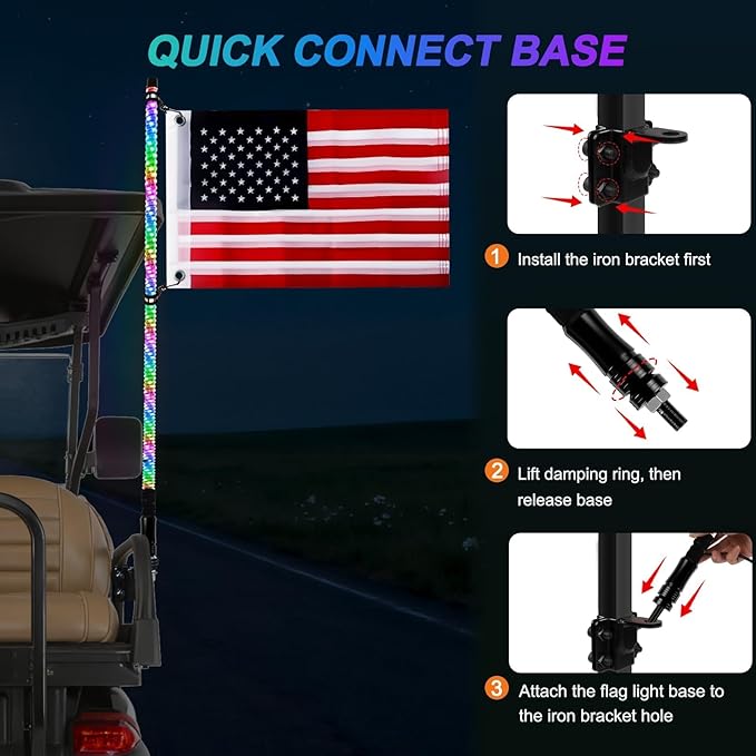iLSKW 2-Pack 3FT Golf Cart LED Whip Lights Holder, for 1" Square Rails, APP&Remote Control RGB Whips, with Brake Turn Reverse Signal Function, for 36V 48V 72V Golf Carts (Included DC Converter)