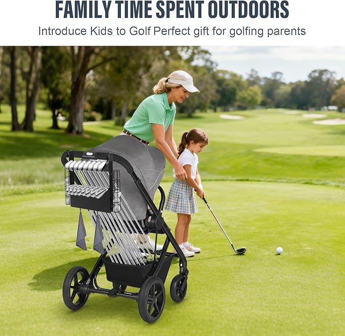 Golf Stroller Attachment - Universal Steel Golf Club Holder for Strollers,16-Club & 12-Ball Capacity with Adjustable Straps,Fits Single & Double Strollers,Ideal Golf Gift for Parents