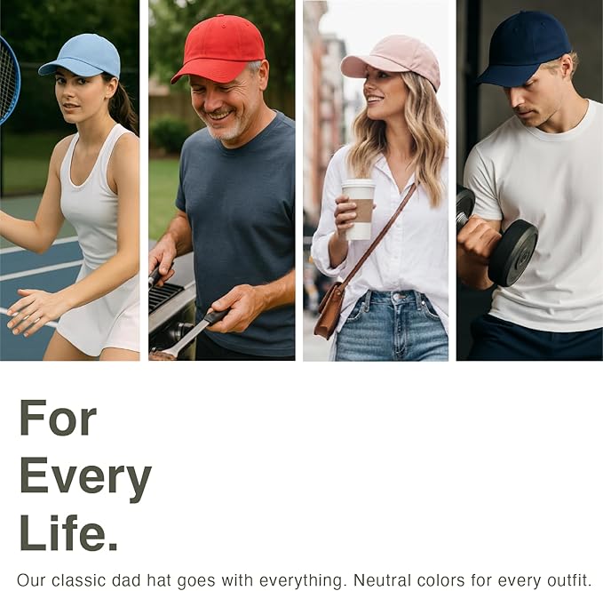 Classic Dad Hat Cotton, Low-Profile Plain Baseball Cap, Adjustable, Breathable and Packable