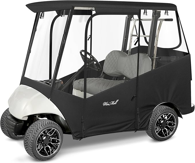 Golf Cart Enclosure 2 Passenger for Yamaha G29 Drive 2 600D Waterproof Windproof Driving Rain Cover Fit 2-Seater Short Roof with 4-Sided Clear Windows Mirror Openings Roll-up Zipper Door Black