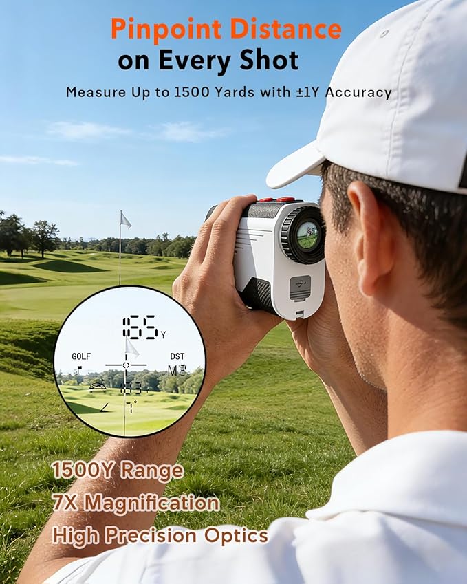 Golf Rangefinder with Slope - 1300/1500 Yards Laser Range Finder for Golf & Hunting, 7X Magnification, High-Precision Flag Locking Vibration, Rechargeable, IP54 Waterproof, Built-in Magnetic Strip