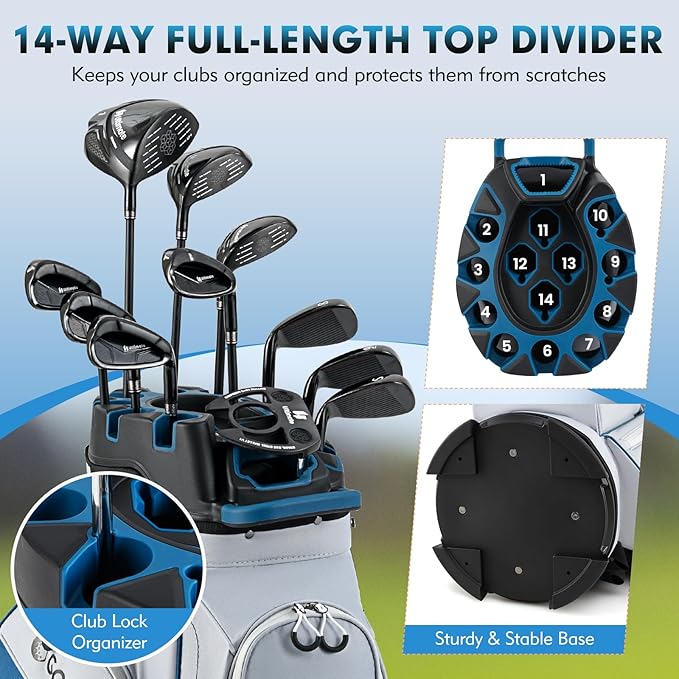 Tangkula Golf Cart Bag with 14-Way Full Length Dividers, 6 Molded Lock Top Golf Club Bag with 11 Pockets, Cooler Bag, Padded Strap, Handles, Umbrella Holder & Rain Hood