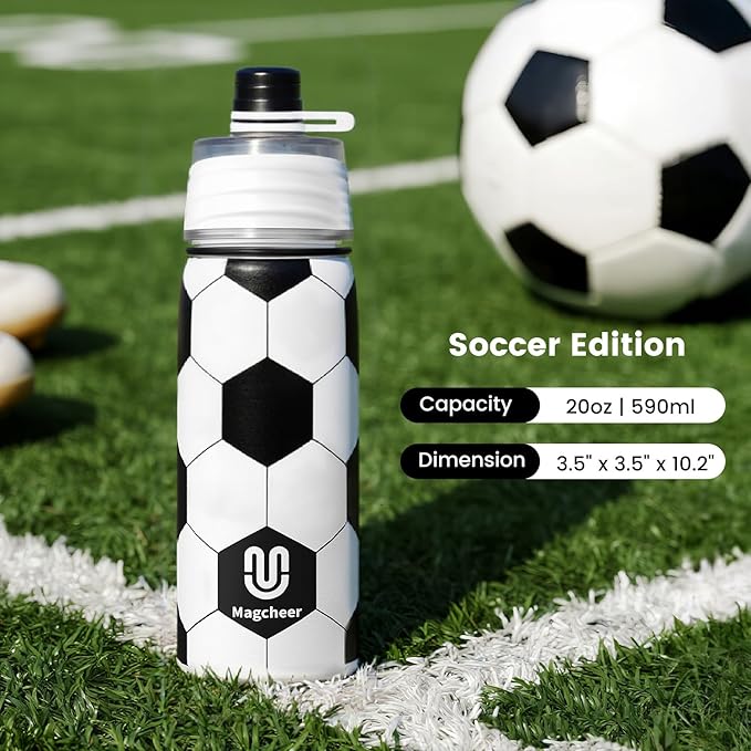 Soccer Water Bottle - 20oz Insulated Misting Water Bottles Stainless Steel 3D Textured - Soccer Accessories Gift for Kids