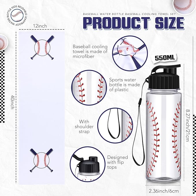 Reallnaive 24 Pcs Sports Water Bottle Cooling Towel Set Include 12 Reusable Sports Squeeze Water Bottle 12 Ice Towel Breathable 40"x12" Cooling Towels for Soccer Team Gift (Baseball)