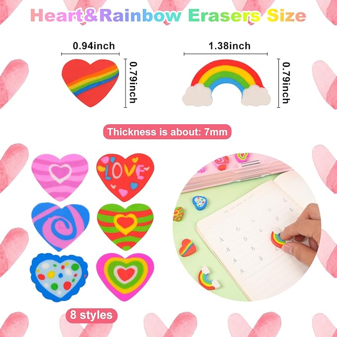 48pcs Large Erasers for Kids Bulk Heart Rainbow Pencil Erasers for Classroom - Image 2