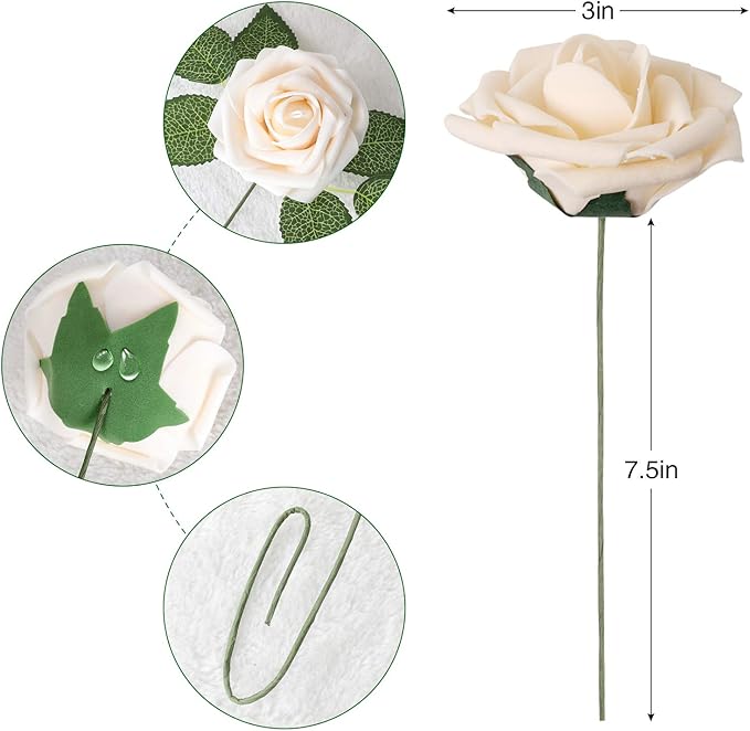 AmyHomie Artificial Flowers Champagne Rose 50pcs Real Looking Fake Roses w/Stem - Image 7
