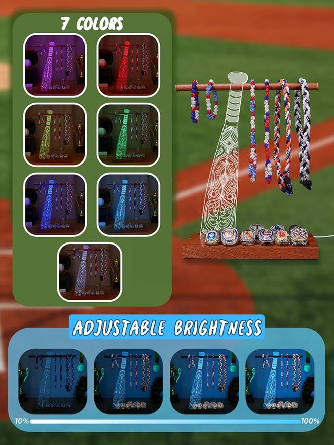 CoolGift Mart Light up Baseball Necklace Hanger and Championship Ring Display Stand, Acrylic Wooden LED Night Lamp with USB Powered, Gift for Baseball Softball Players Lovers