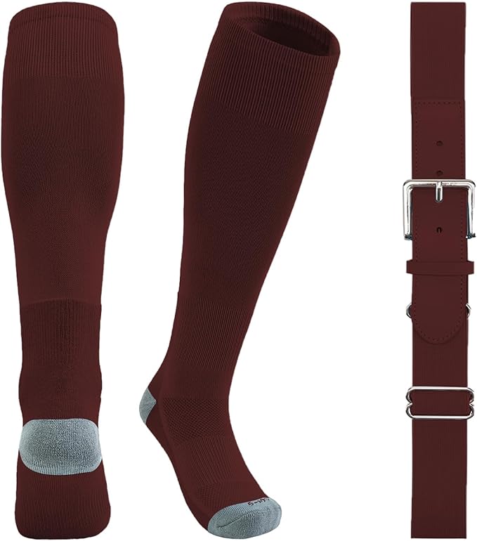 QBK Youth Baseball Socks & Belt Combo Set for Kids 2-16 Years -Softball/Tee Ball Accessories (1 Pair + 1 Belt, Unisex)