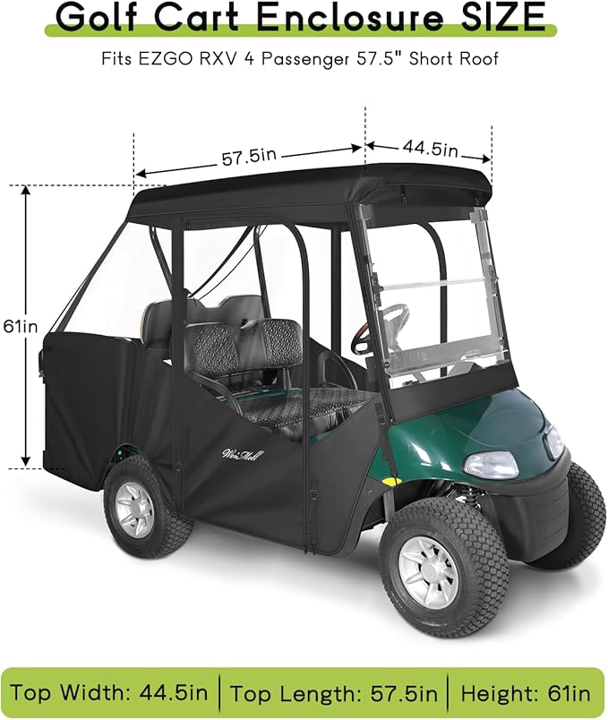 4 Passenger Golf Cart Enclosure for EZGO RXV Short Roof 2+2 4-Seater Waterproof Windproof Driving Rain Cover 4-Sided Clear Windows Roll-up Door Black