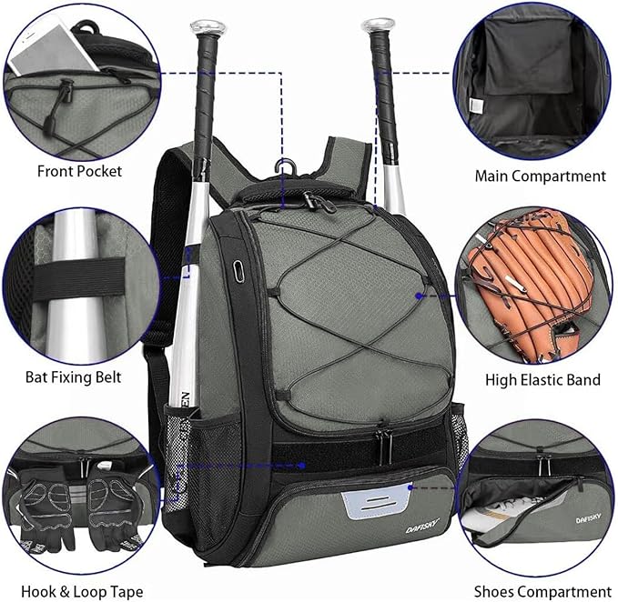 DAFISKY Baseball Bag Softball Backpack - Youth Adult T Ball Bat Equipment Bag with Bat Helmet Holders, Shoe Compartment