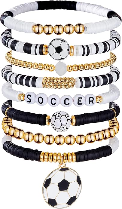 Huquary 8 Pack Sports Bracelets for Women Mom Soccer Baseball Football Volleyball Basketball Stackable Heishi Clay Beaded Bracelet Accessories Fan Outfits Jewelry Gifts for Sports Party Favor