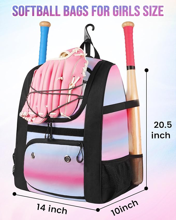 MATEIN Softball Bag, Lightweight Baseball Backpack with Shoe Compartment, Baseball Bag with Fence Hook for TBall Bat & Equipment, Softball Gifts Catchers Backpack for Women Fit Catcher’s Mitt, Helmet