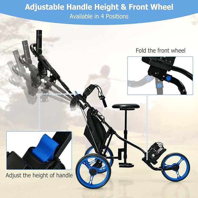 Tangkula Foldable Golf Push Cart, Navy Blue, Sturdy Steel Frame, Adjustable Handle, Ball Bearing Wheels, Foot Brake, Waterproof Storage Bag