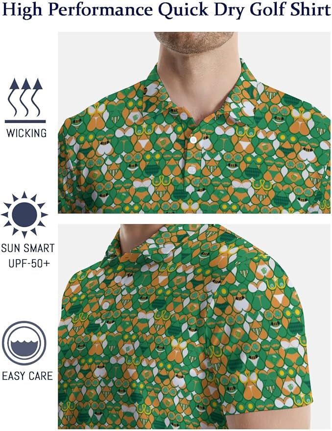 HUURAY Funny Golf Polos for Men Funny Print Short Sleeve Shirts Quick Dry Polo Shirts Hawaiian Shirt Performance Golf Outfits