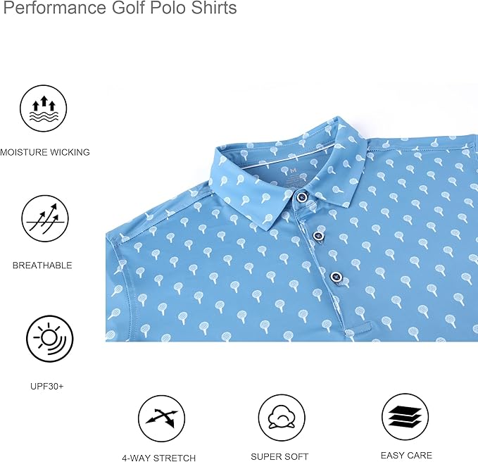 Alex Vando Mens Golf Shirt Moisture Wicking Quick-Dry Print Performance Polo Shirts for Men