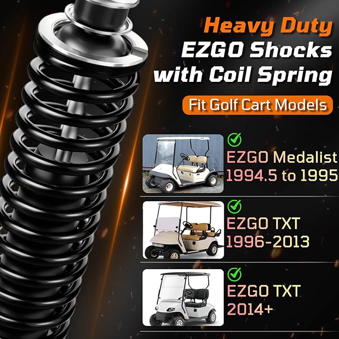 Golf Cart Shocks with Heavy Duty Coil Springs for 1994+ EZGO TXT/Medalist G&E Model, Replace E-Z-GO Front or Rear Absorbers OEM# 70928-G01 76418-G01 Included Extender for Lifted Cart - Black
