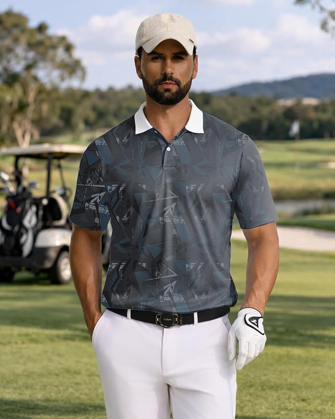 KUYIGO Mens Polo Shirt Quick Dry Moisture Wicking UPF 40+ Performance Printed Short Sleeve Summer Tennis Golf Shirt