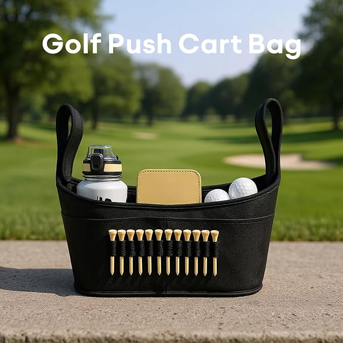 Golf Push Cart Bag, Golf Accessory Bag with Adjustable Compartments, Multiple Pockets, and Quick Attachment Straps, 15x3.1x8.3 in for Golf Carts, Strollers