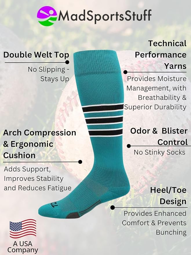 MadSportsStuff Softball Socks Baseball Socks | White & Team Colors | USA Made | Sizes for Girls, Youth Boys, Men & Women